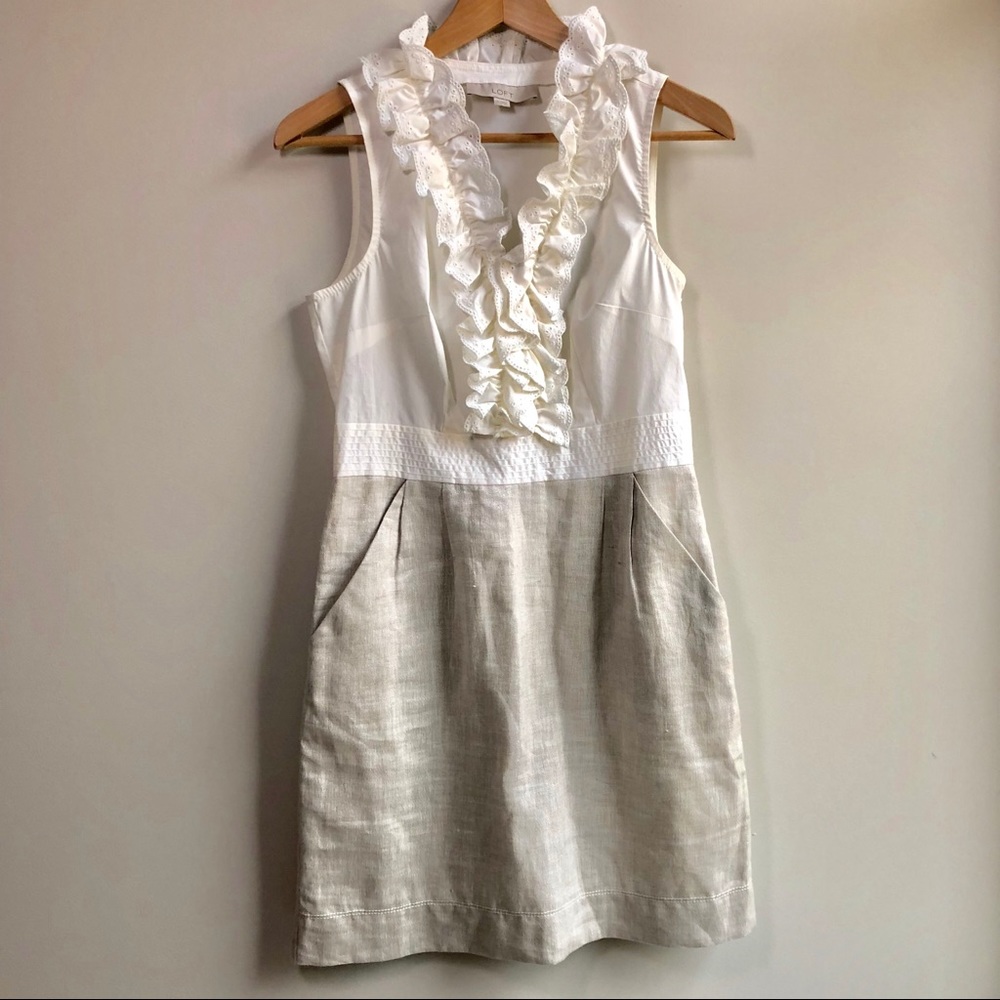 LOFT Linen Eyelet Ruffle Collar Dress